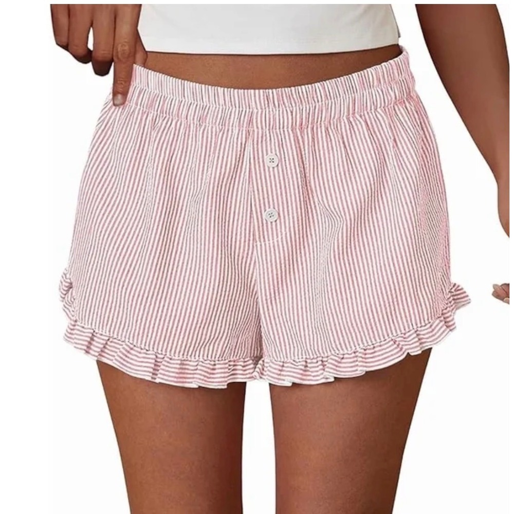 NWT PrettyGarden Pink Seersucker Striped Ruffle Hem Shorts Womens Medium